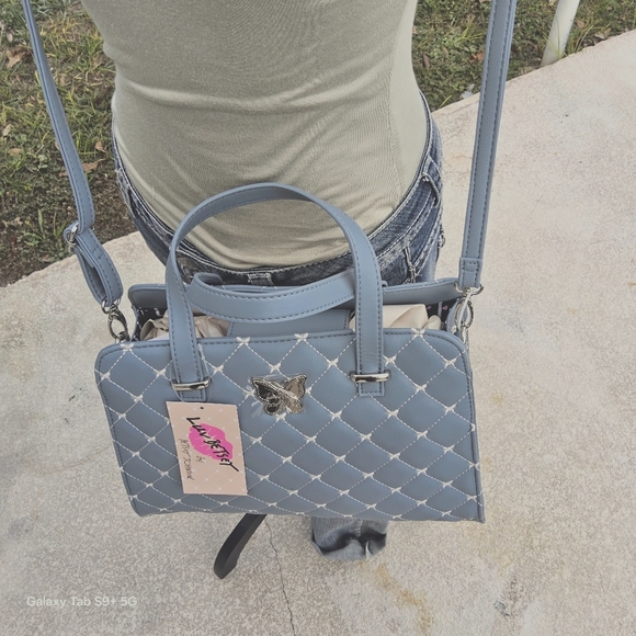 NWT DENIM n WHITE COLORED LUV BETSEY BUTTERFLY EMBROIDERED SATCHEL - Picture 6 of 7